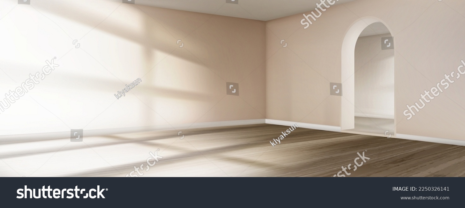 Empty room interior with arch entrance. Modern 3d living room, office or gallery with wooden floor, shadows and sun light from window on wall, vector realistic illustration #2250326141