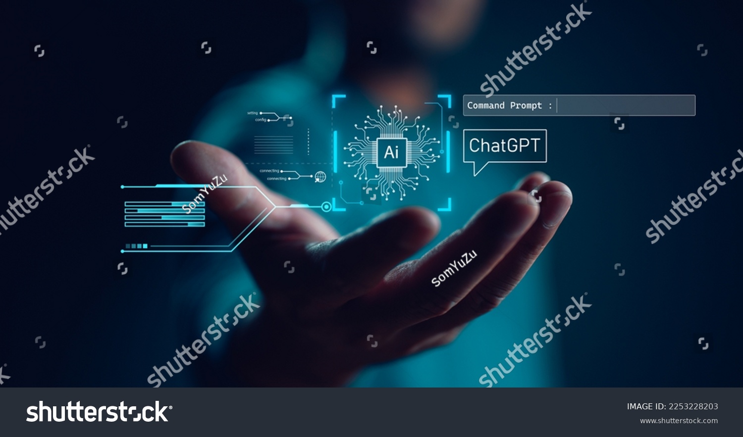 Ai tech, businessman show virtual graphic Global Internet connect Chatgpt Chat with AI, Artificial Intelligence. using command prompt for generates something, Futuristic technology transformation. #2253228203