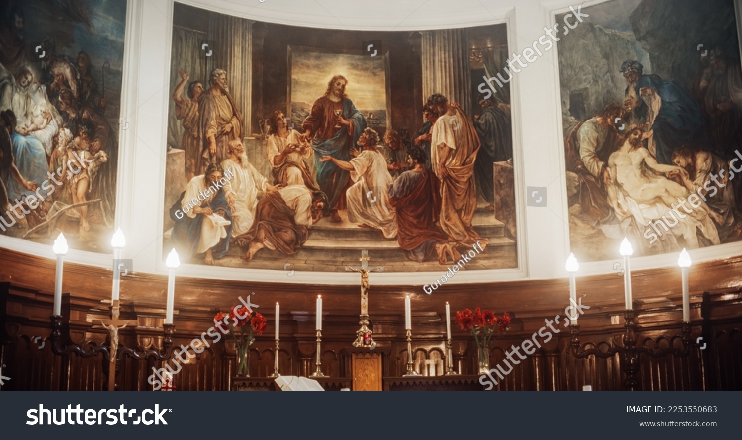 Church Mural Paintings Depicting the Lord Jesus Christ Having the Last Supper with the Disciples and His Death. Images Telling the Christian Stories and Religious Events According to the Holy Bible #2253550683