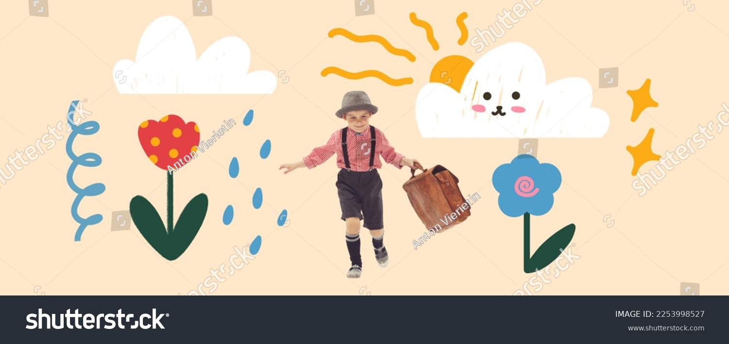 Creative collage, artwork with happy kid in retro style clothes running over light background with drawings, doodles and illustration elements. Spring, happiness, carefree childhood concept #2253998527