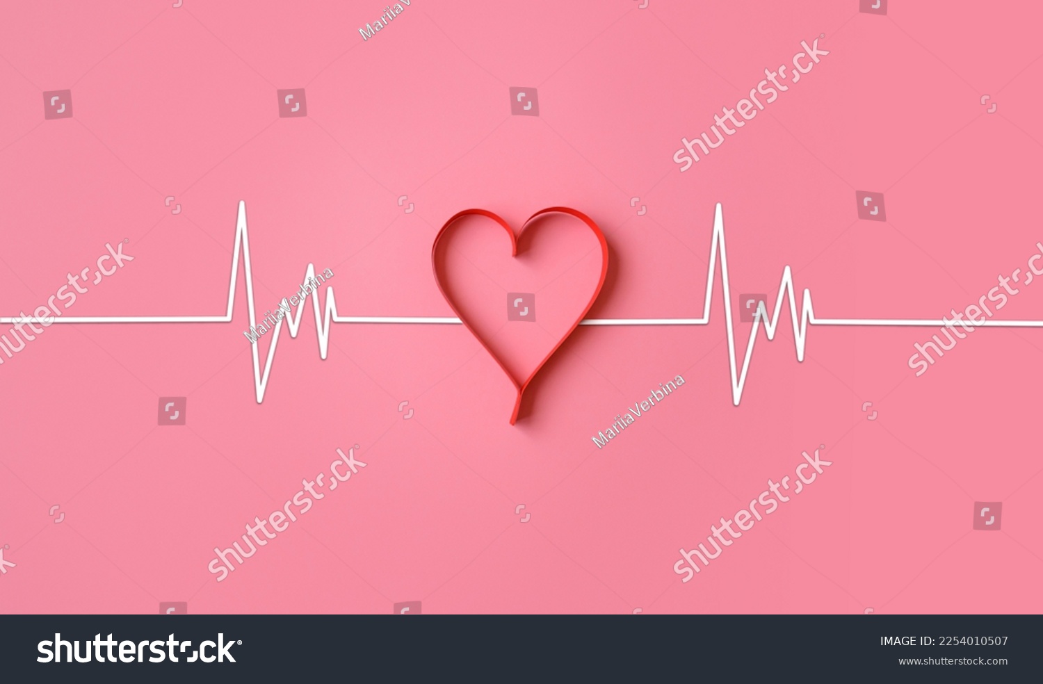 Heartbeat line with heart shape. Valentine's Day. Postcard with a declaration of love. Valentine postcard. Red hearts with strings. Place for text #2254010507
