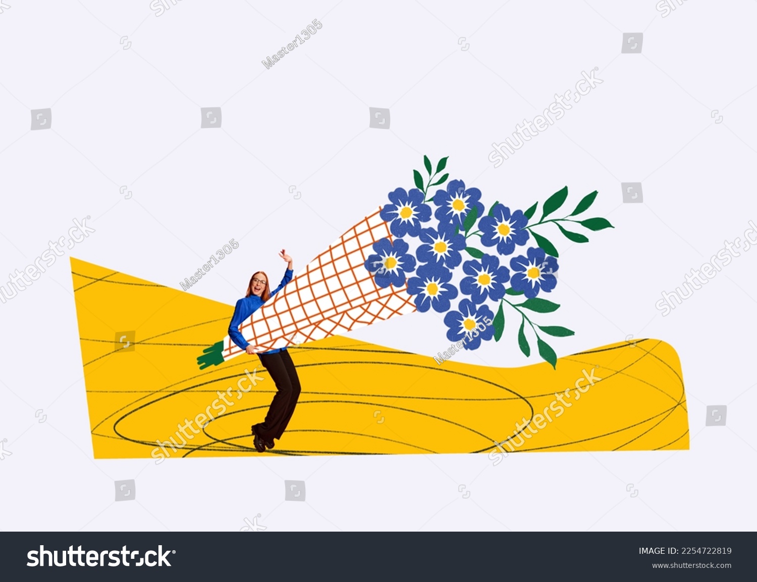 Creative colorful design. Happy smiling young girl holding big bouquet of blue flowers over light background. Concept of holiday, women's day, positive mood, celebration. Copy space for ad #2254722819