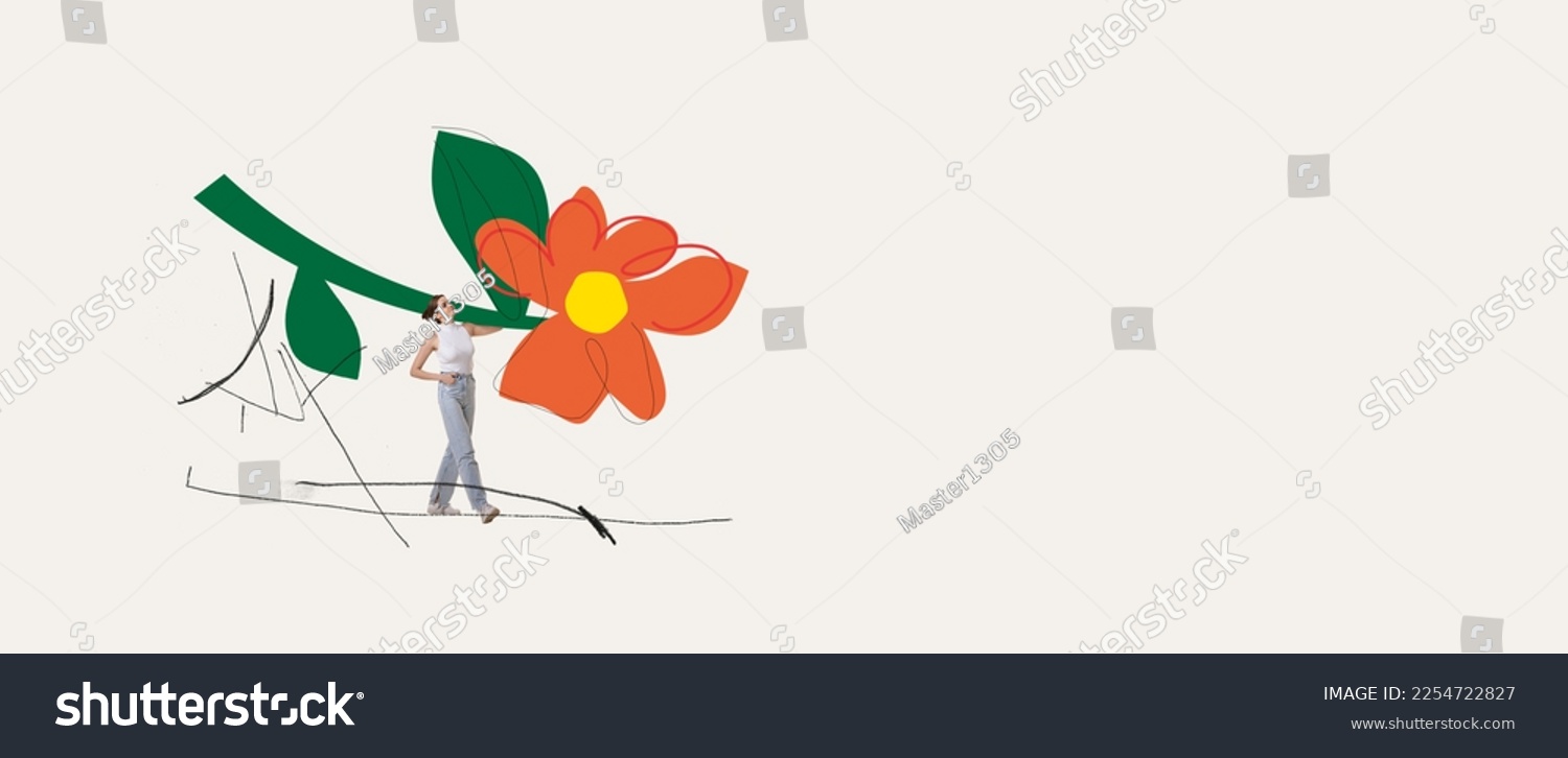 Creative colorful design. Young happy girl in casual clothes carrying big drawn flower over light background. Concept of holiday, women's day, positive mood, celebration. Banner. Copy space for ad #2254722827