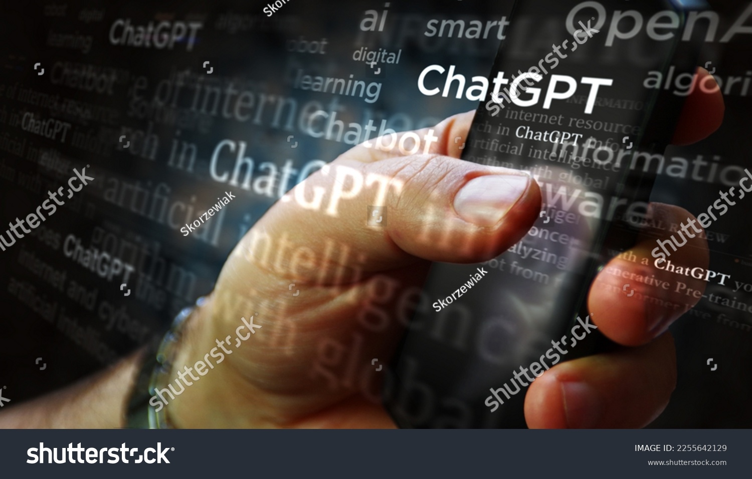 Poznan, Poland, January 25, 2023: ChatGPT  media on display with OpenAI, chat gpt ai bot. Searching on tablet, pad, phone or smartphone screen in hand. Abstract concept news titles 3d illustration. #2255642129