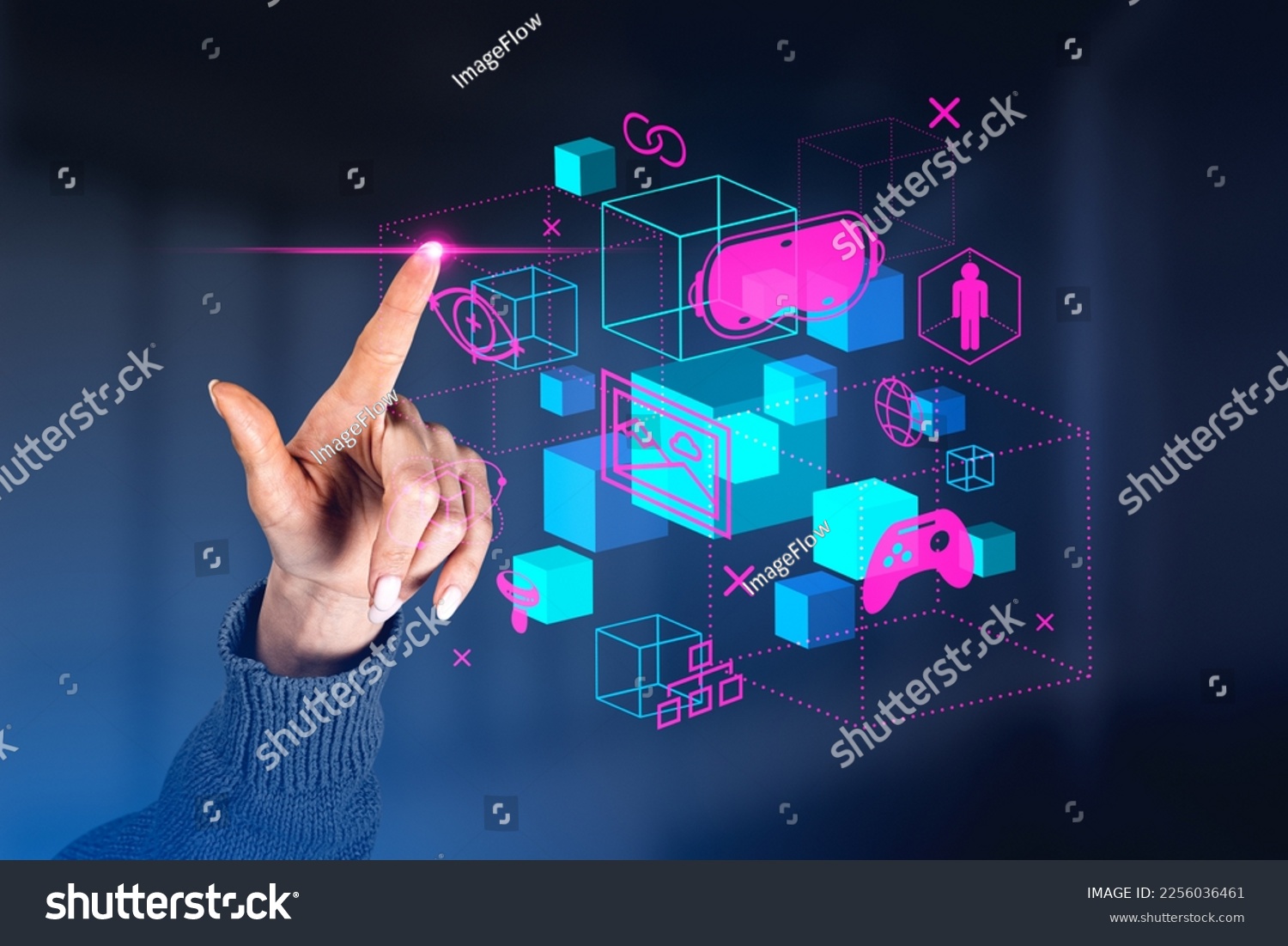 Woman finger touch cyberspace hologram with digital icons and data blocks hud. Online connection in virtual reality, game and nft. Concept of futuristic technology #2256036461