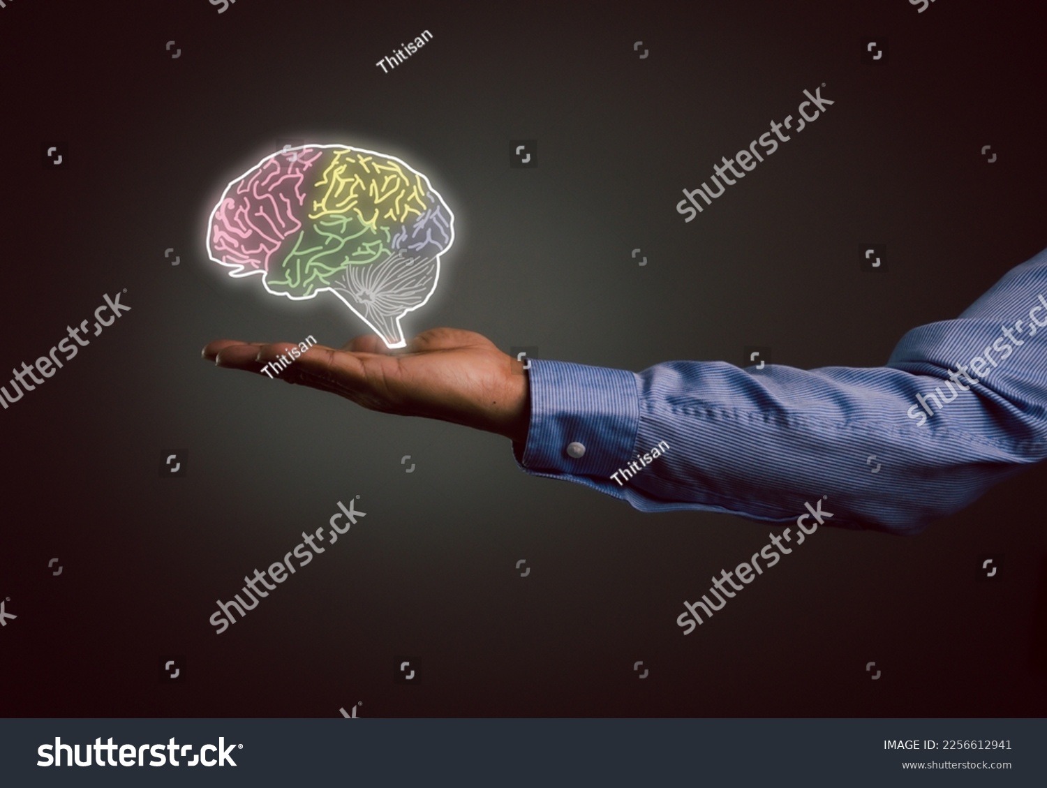 Close-up of businessman's hand holding brain in palm, Virtual reality man with symbol neurons in the brain. Concept of idea and innovation, business concept. #2256612941