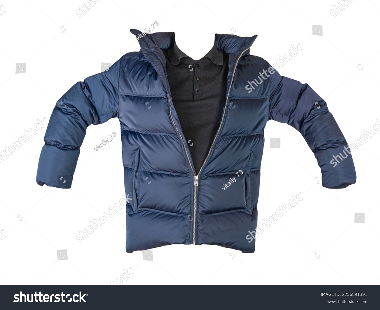 dark blue down jacket with hood and black sweater isolated on white background #2256891391
