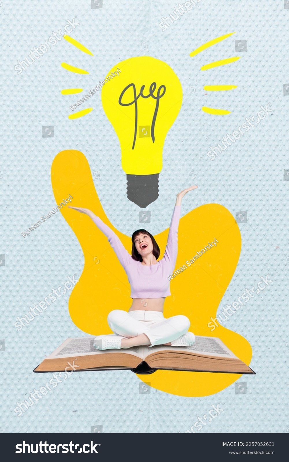 Creative graphics 3d collage of excited girl learning nerd have inspiration lamp bulb genius decision sit open book #2257052631