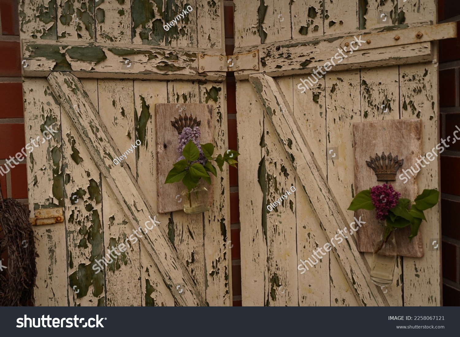 Wooden planks old with cracked paint background #2258067121
