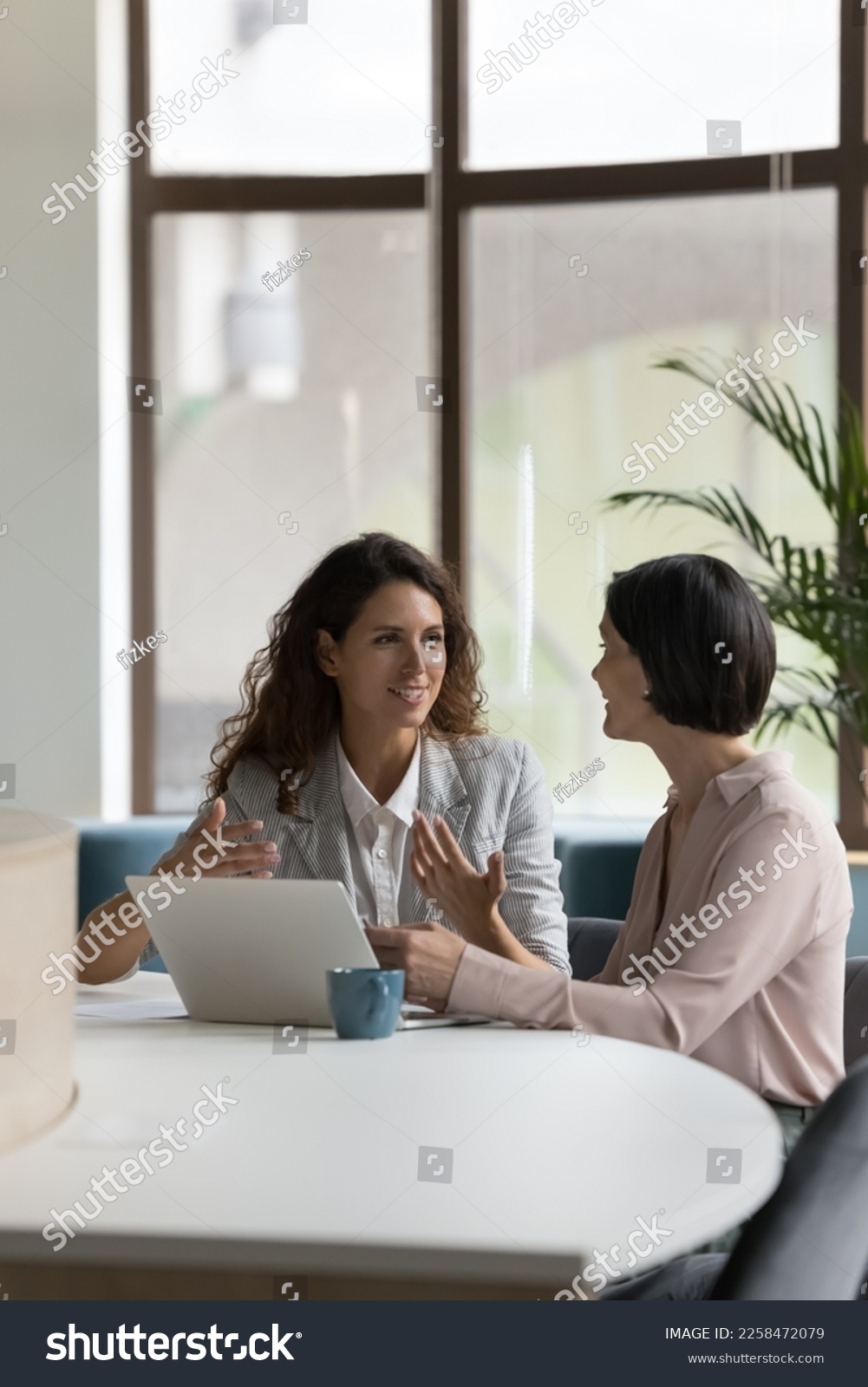Two happy engaged business professionals women brainstorming on online project at laptop, speaking, discussing creative ideas, plan, strategy, task, chatting at work desk in office #2258472079