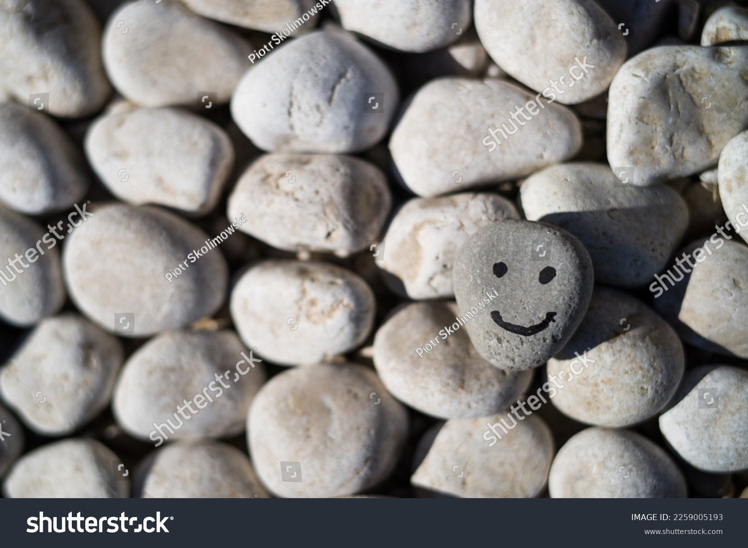 hand drawn smile on a small gray stone. The smiling stone lies on top of other stones in the background #2259005193