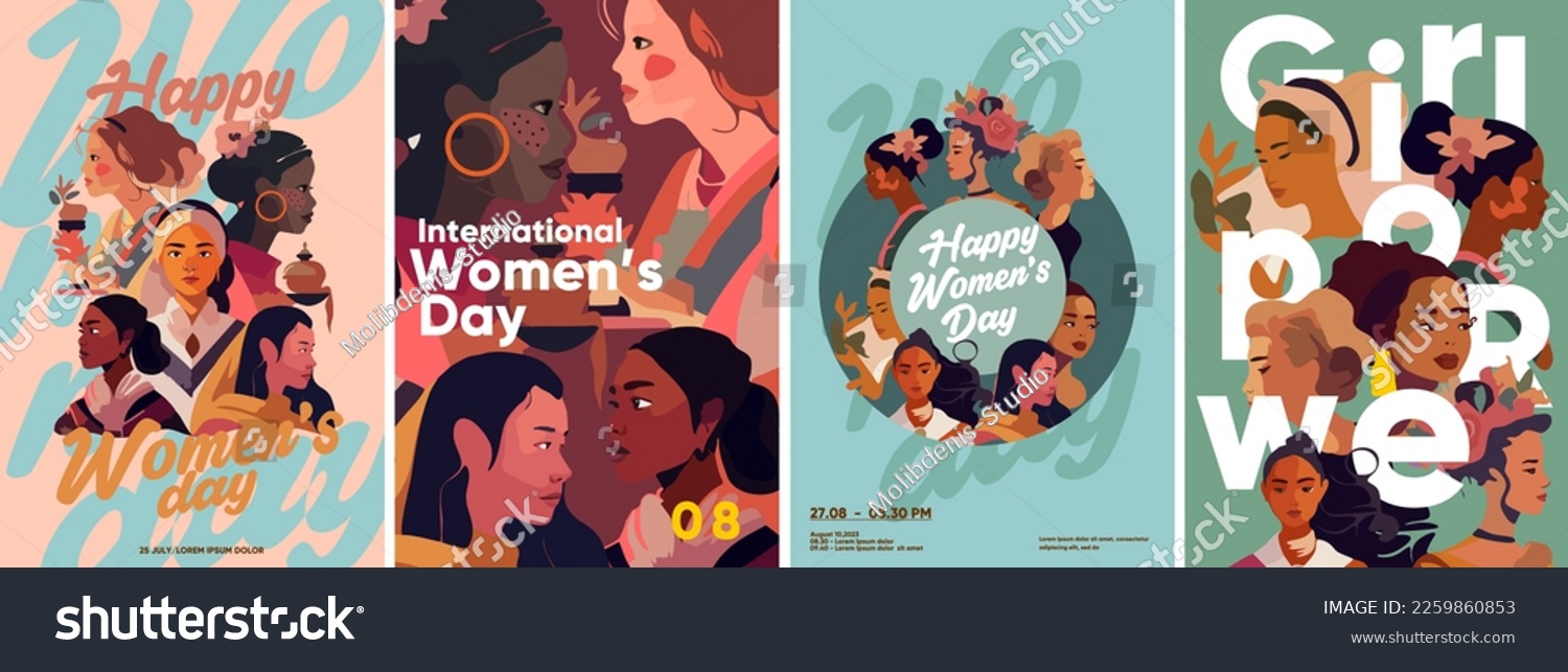 March 8, women, international women's day, girl power. Set of vector illustrations. Flat design. Typography. Background for a poster, t-shirt or banner. #2259860853