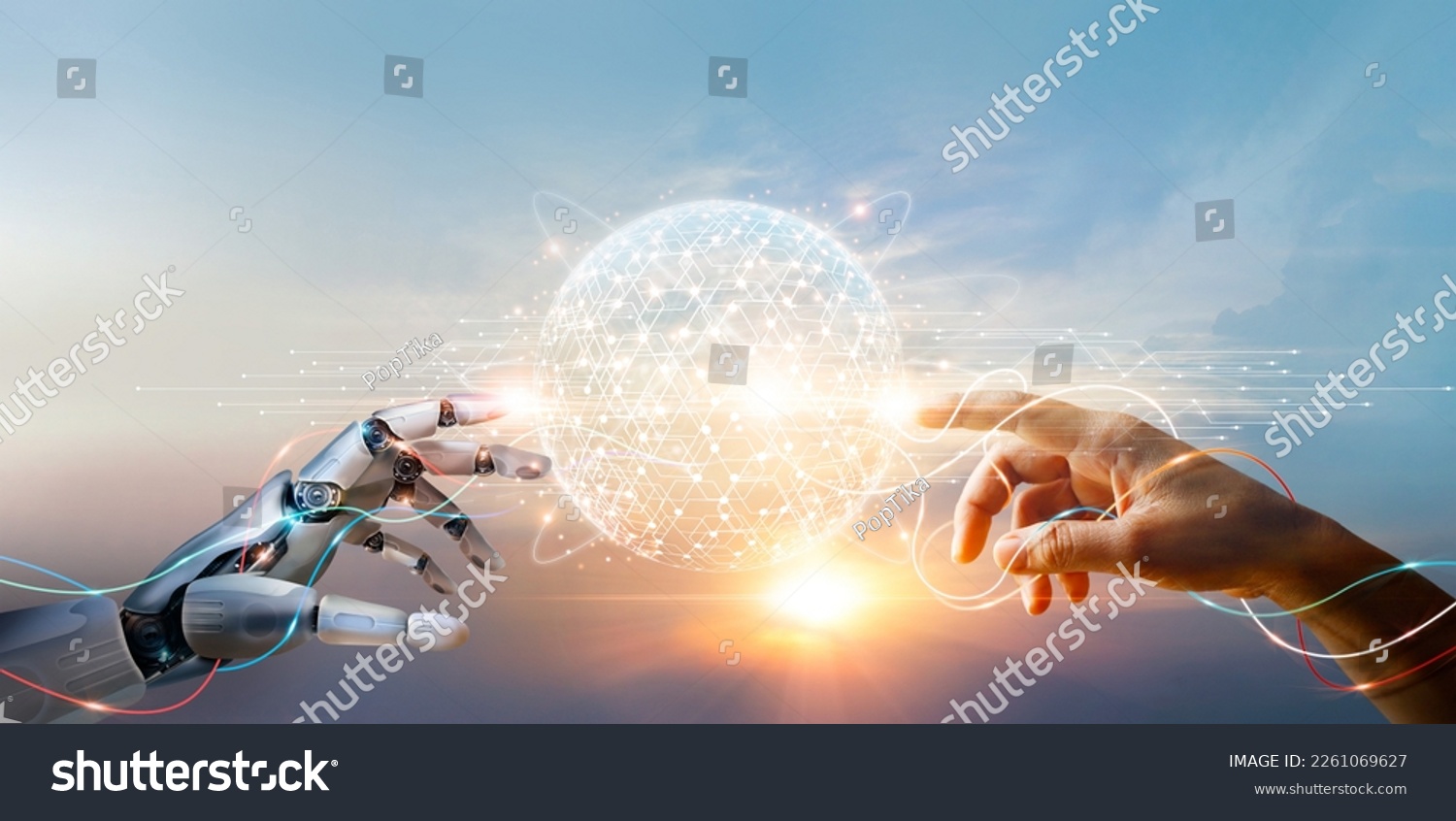 AI, Machine learning, Hands of robot and human touching big data of Global network connection, Internet and digital technology, Science and artificial intelligence digital technologies of futuristic. #2261069627
