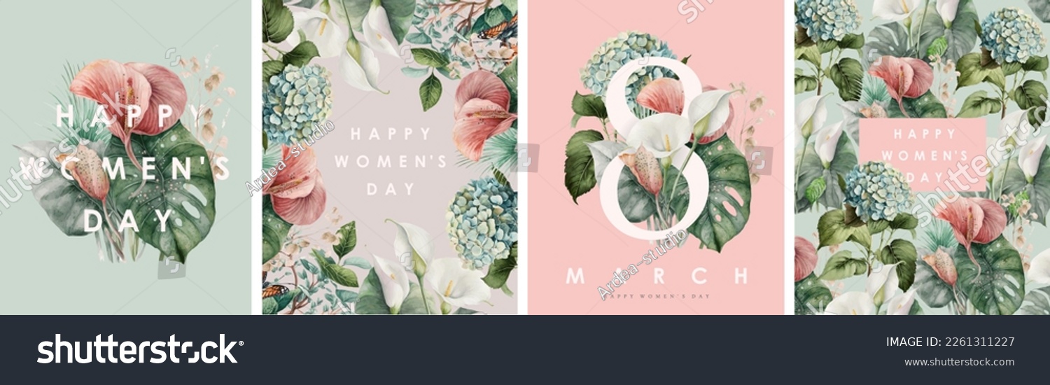 March 8. International Women's Day. Vector illustration of flower composition, frame, pattern, bouquet for greeting card, background or flyer #2261311227