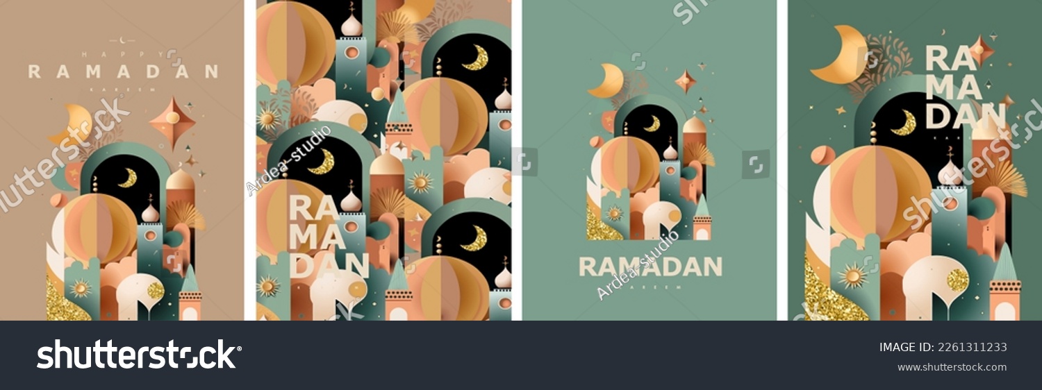 Happy Ramadan Kareem! Vector illustration of abstract paper cut mosque, crescent, pattern, window and street for greeting card, background or wallpaper #2261311233