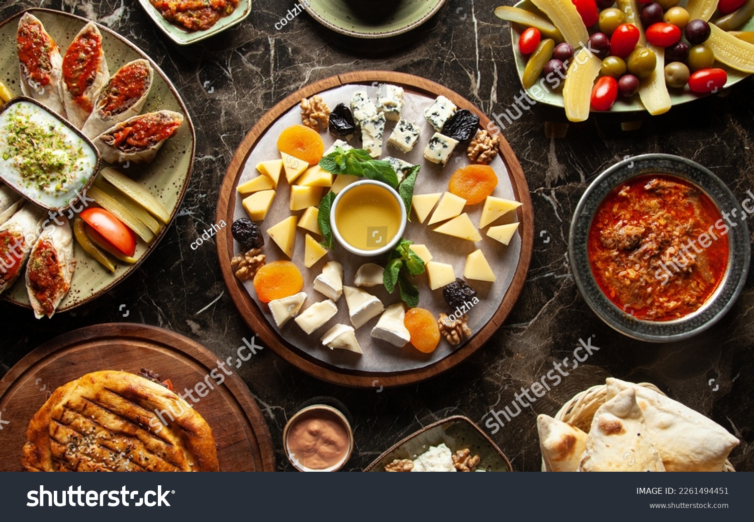 Assortment of cheeses, olives, Turkish snacks. Turkish breakfast #2261494451