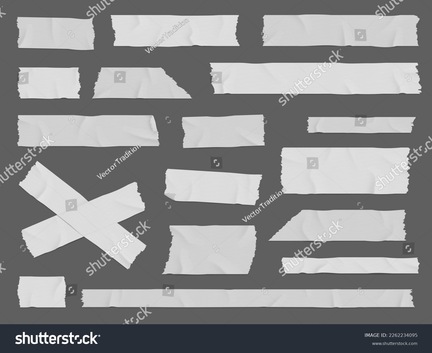 White adhesive or duct tape crumpled stripes. Realistic 3d vector scotch patches, sticky paper strips. Isolated plaster masking pieces with torn edges, ripped wrinkled band for package wrap #2262234095