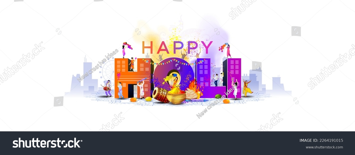 Vector illustration of Holi festival background. Happy Holi Text with People dancing, playing with Colors, Indian city skyline and celebrating Holi festival. #2264191015