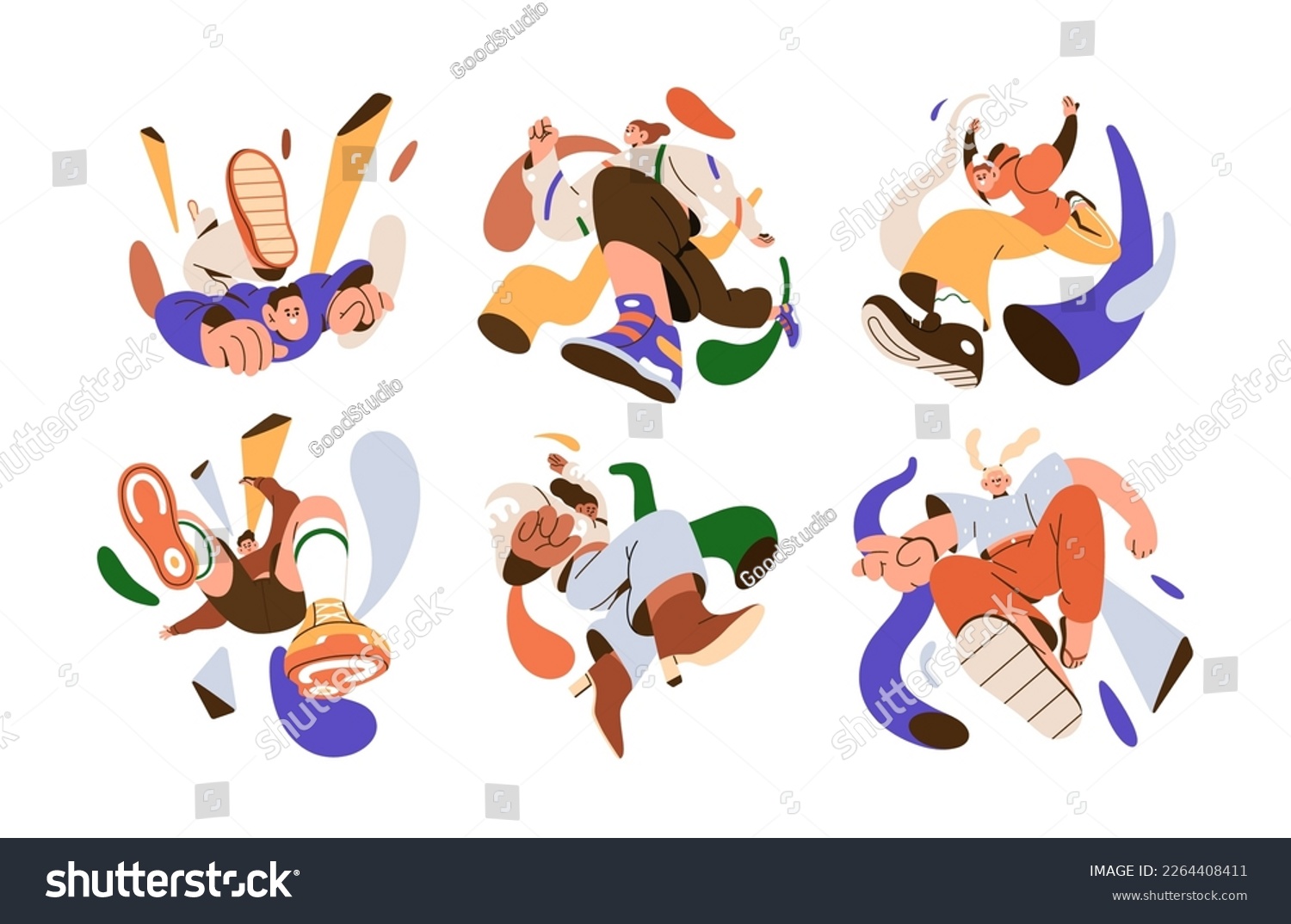 Happy young free people jumping up, flying with fun, joy emotions. Energy, freedom, enthusiasm, new heights, goals, aspirations concept. Flat graphic vector illustrations isolated on white background #2264408411