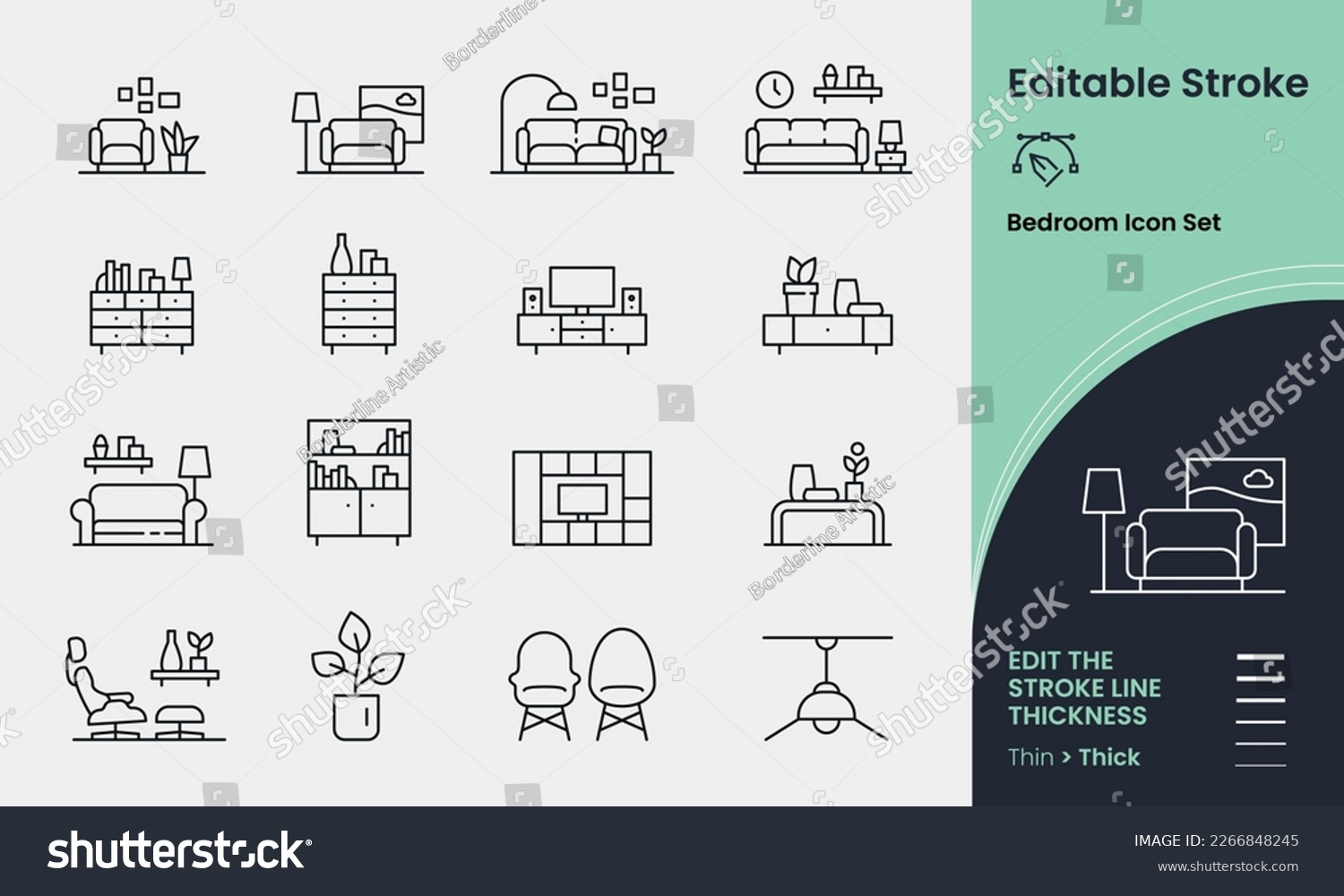 Icon collection containing 16 editable stroke icons. Perfect for logos, stats and infographics. Change the thickness of the line in a vector editing program to suit your requirements. #2266848245