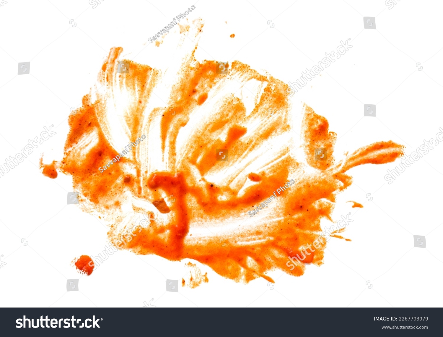 Abstract smears of red tomato sauce isolated on white, as texture or background. Top view #2267793979