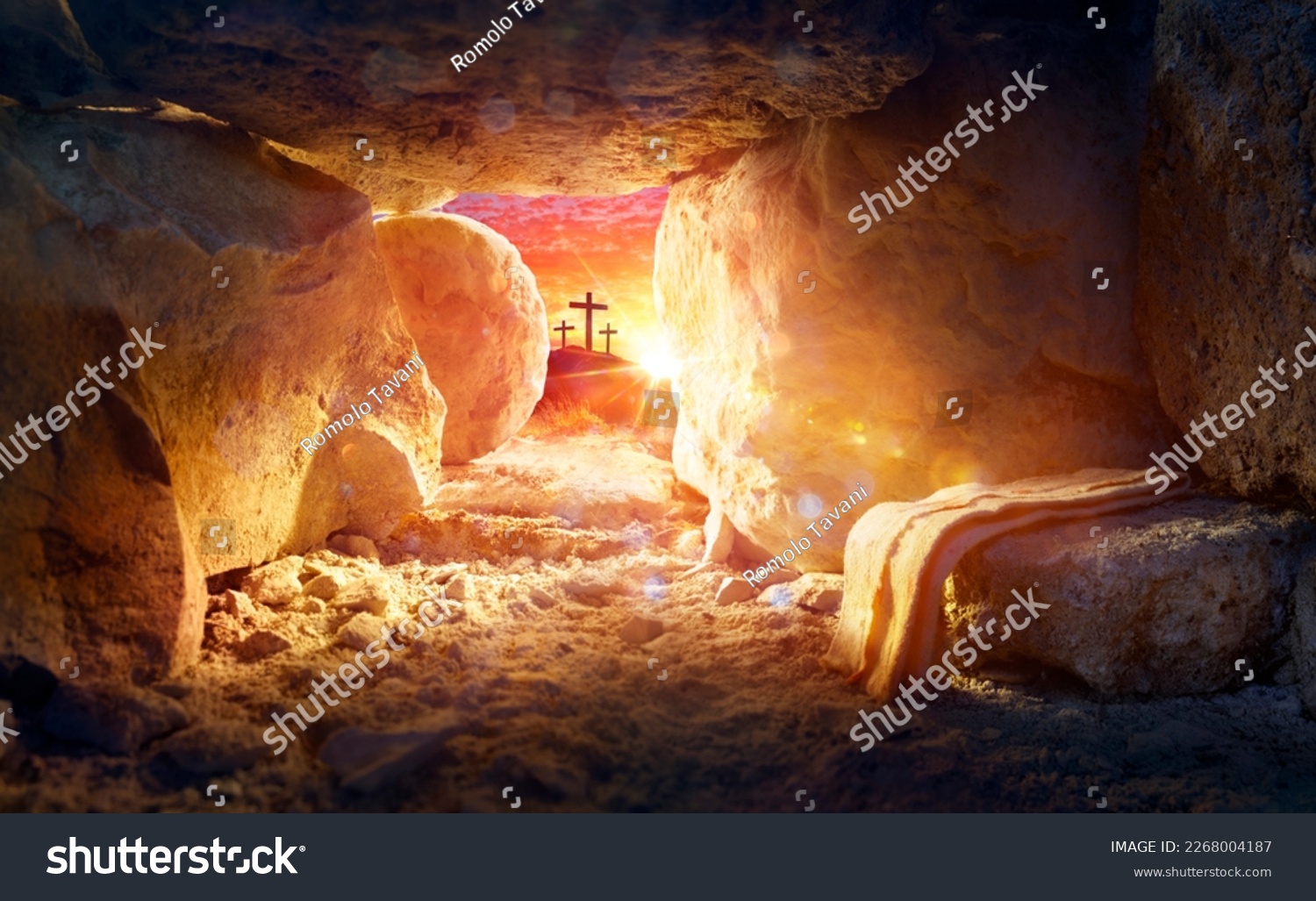 Resurrection Of Jesus Christ - Tomb Empty With Shroud And Crucifixion At Sunrise With Abstract Magic Lights #2268004187