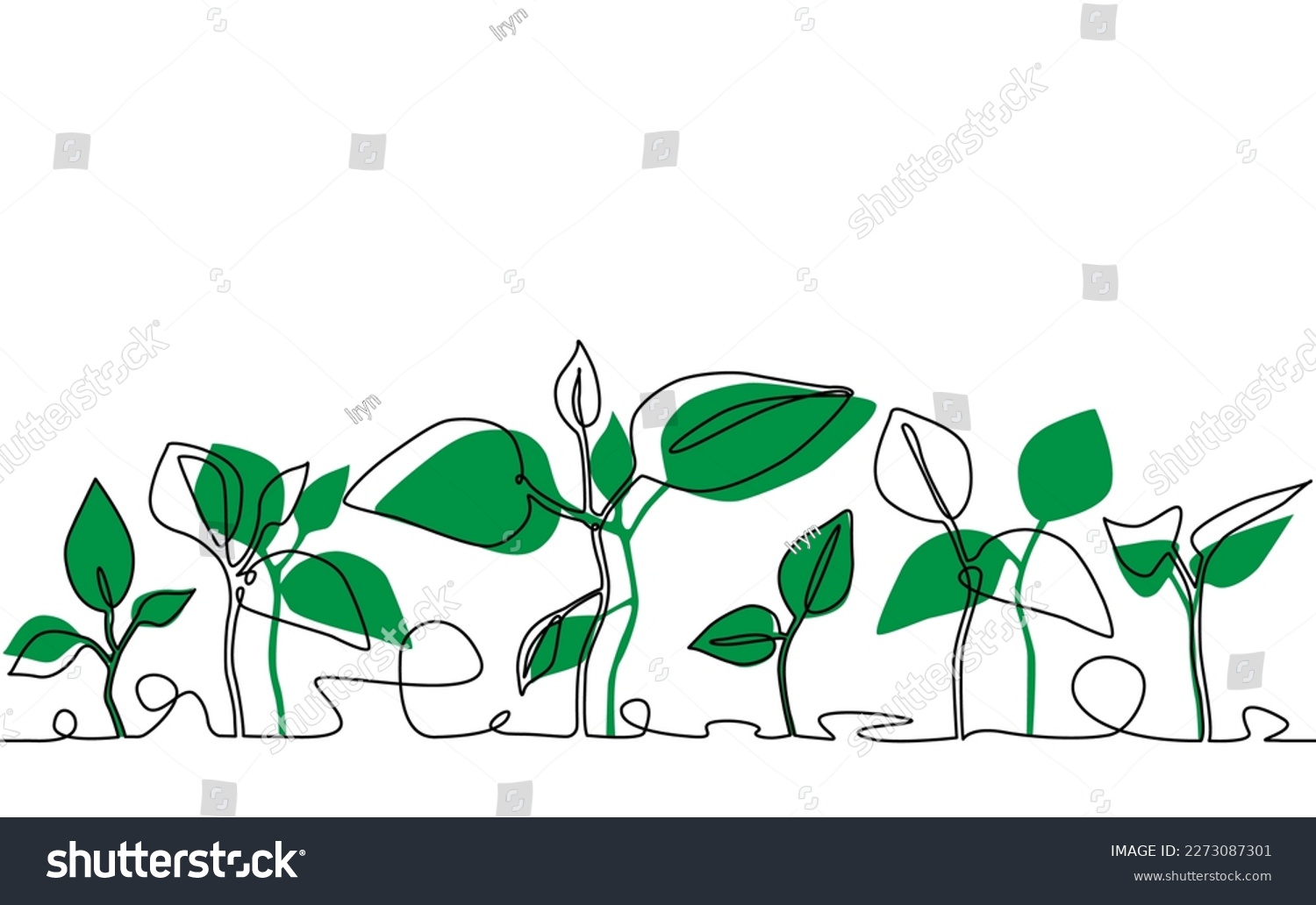 Growing Plants. Background with seedling.  Seamless Pattern that repeating horizontally. Continuous line drawing style of green sprouts. Vector illustration. #2273087301