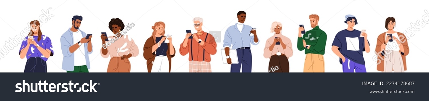 People holding, using mobile phones set. Characters with smartphones in hands. Men, women use cellphones, surfing internet, chatting. Flat graphic vector illustrations isolated on white background #2274178687