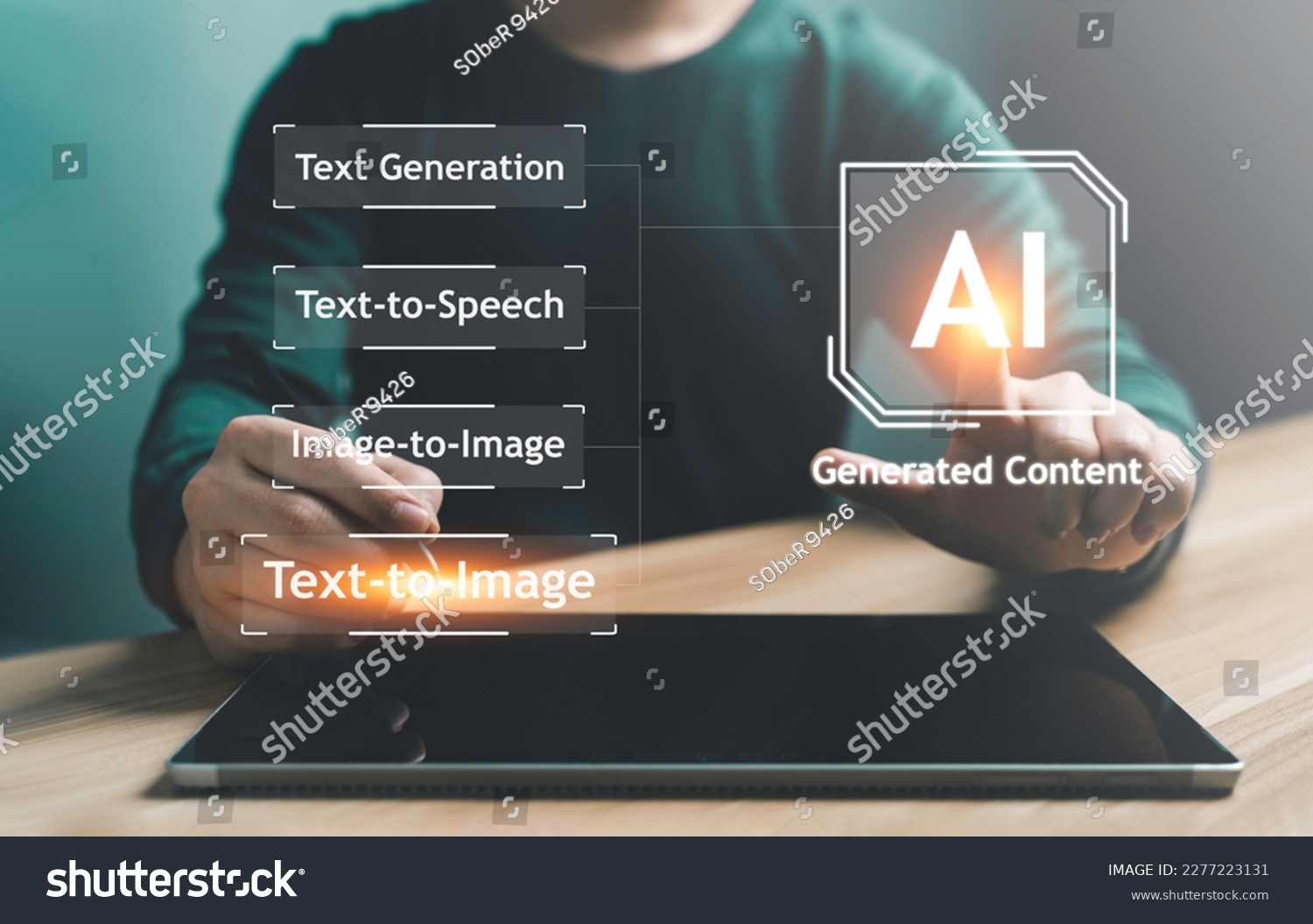 Artist Man using hand AI, Artificial Intelligence to generate content. Text to image, speech, smart AI, by enter command prompt for generates something, Futuristic technology Business transformation. #2277223131