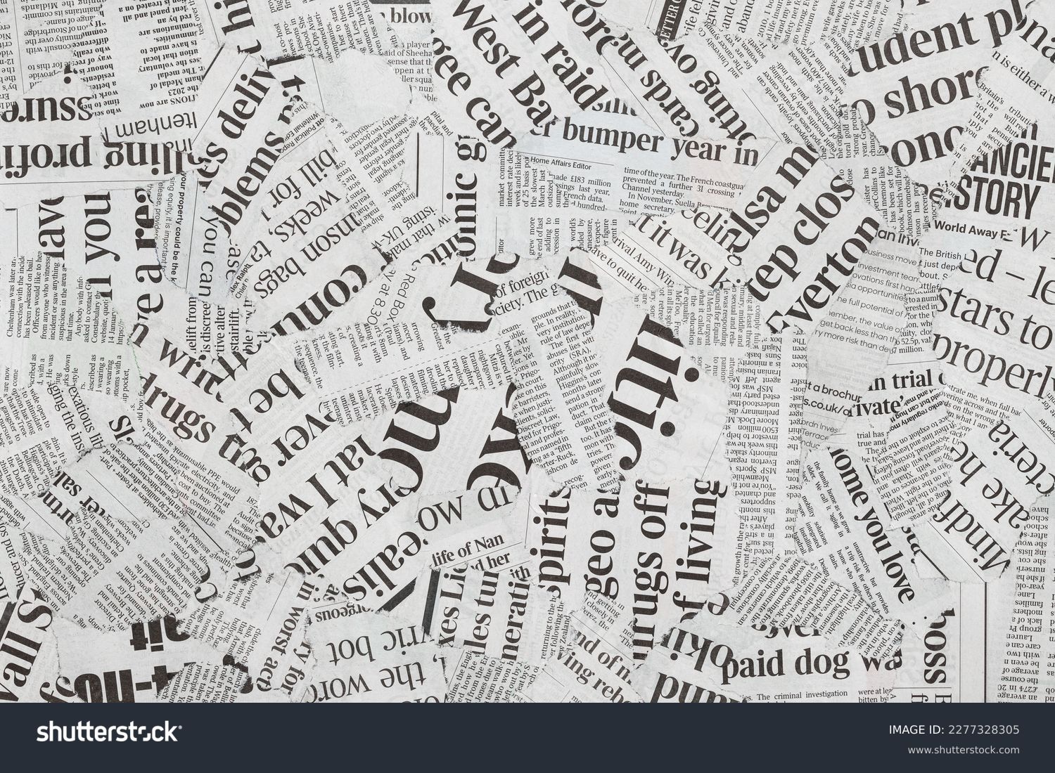 Newspaper Magazine Collage Background Texture Torn Clippings Scrap Paper Black and White #2277328305