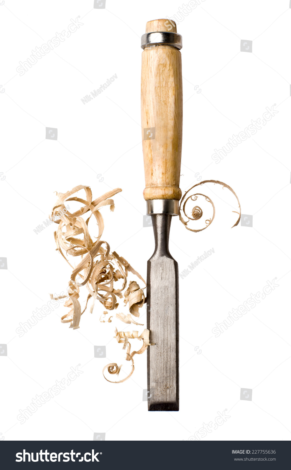 Chisel and shavings isolated on white background #227755636