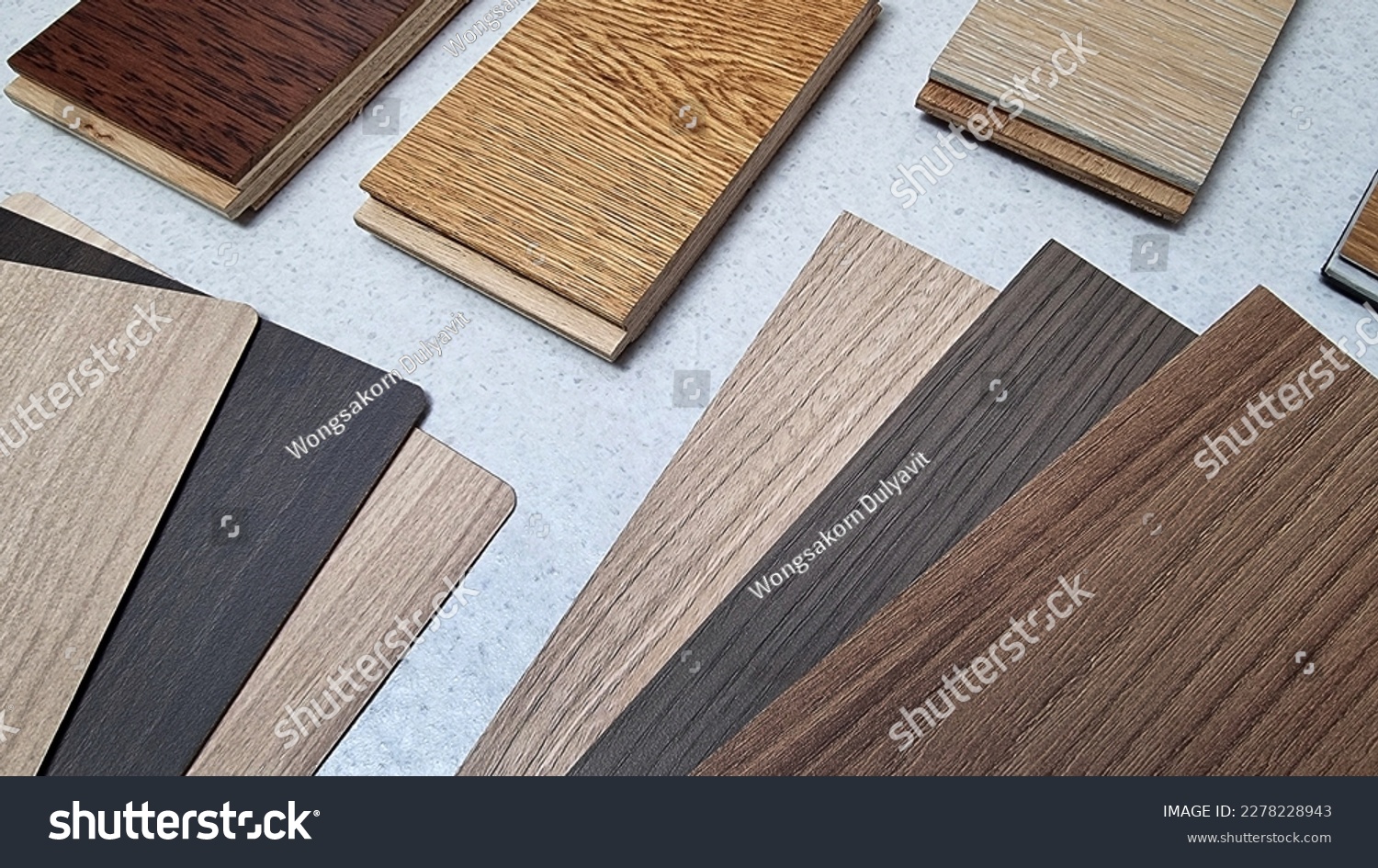variety of wood texture for furniture and flooring furnishing material samples. interior material design samples in close up view. laminated, veneer, engineering wood flooring samples. #2278228943