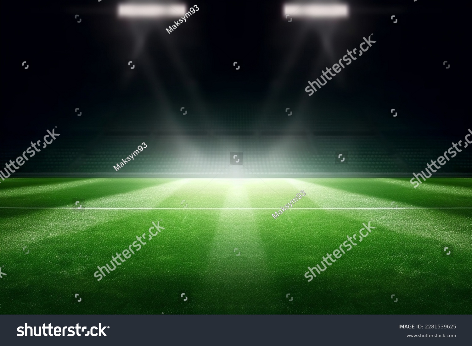 universal grass stadium illuminated by spotlights and empty green playground #2281539625