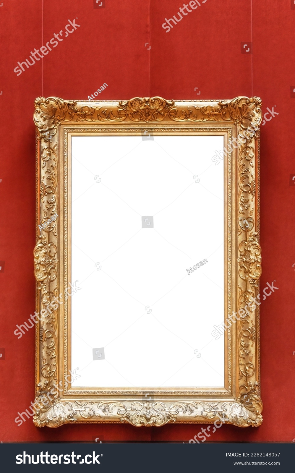 Antique art fair gallery frame on royal Red wall at auction house or museum exhibition, blank template with empty white copyspace for mockup design, artwork concept #2282148057