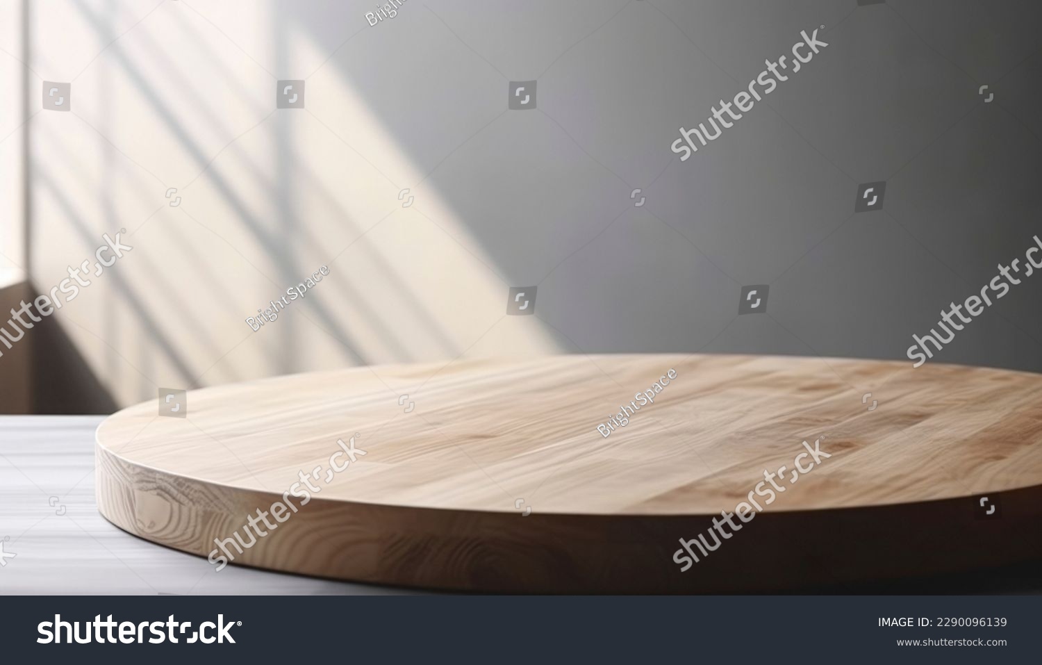 Empty beautiful round wood table  top counter on  interior in clean and bright with shadow background, Ready,white background, for product montage #2290096139