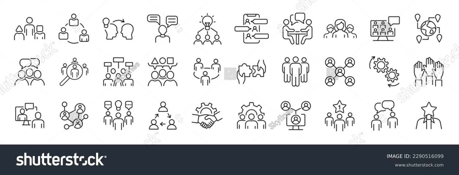 Set of 30 thin line icons related  team, teamwork, co-workers, cooperation. Linear busines simple symbol collection.  vector illustration. Editable stroke #2290516099