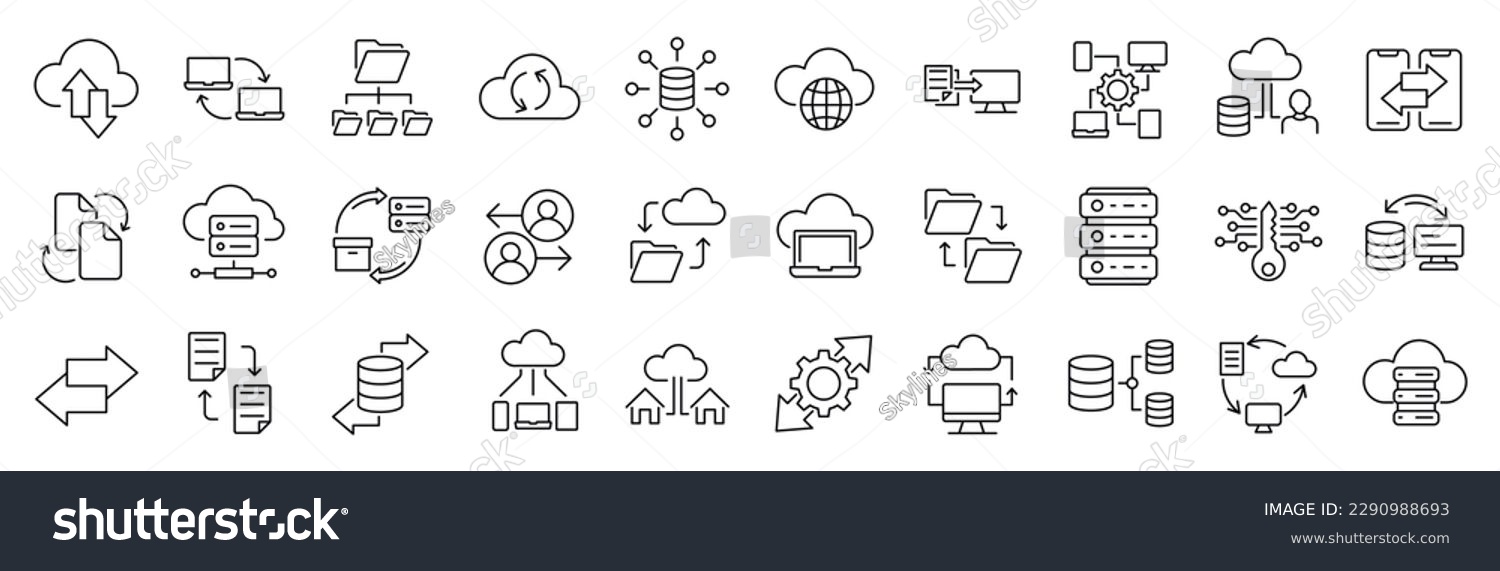 Set of 30 line icons related to data exchange, traffic, files, cloud, server. Outline icon collection. Editable stroke. Vector illustration #2290988693