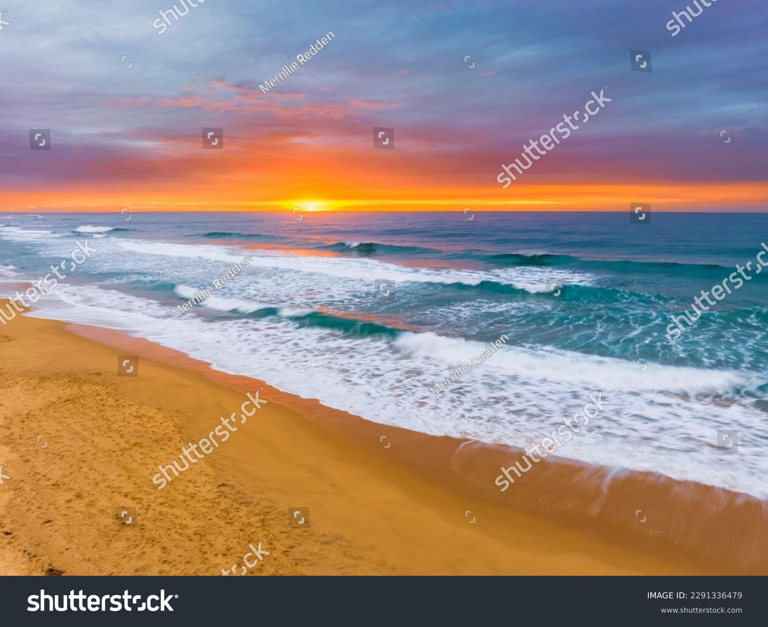 Sunrise seascape with cloud covered sky at Shelly Beach on the Central Coast, NSW, Australia. #2291336479