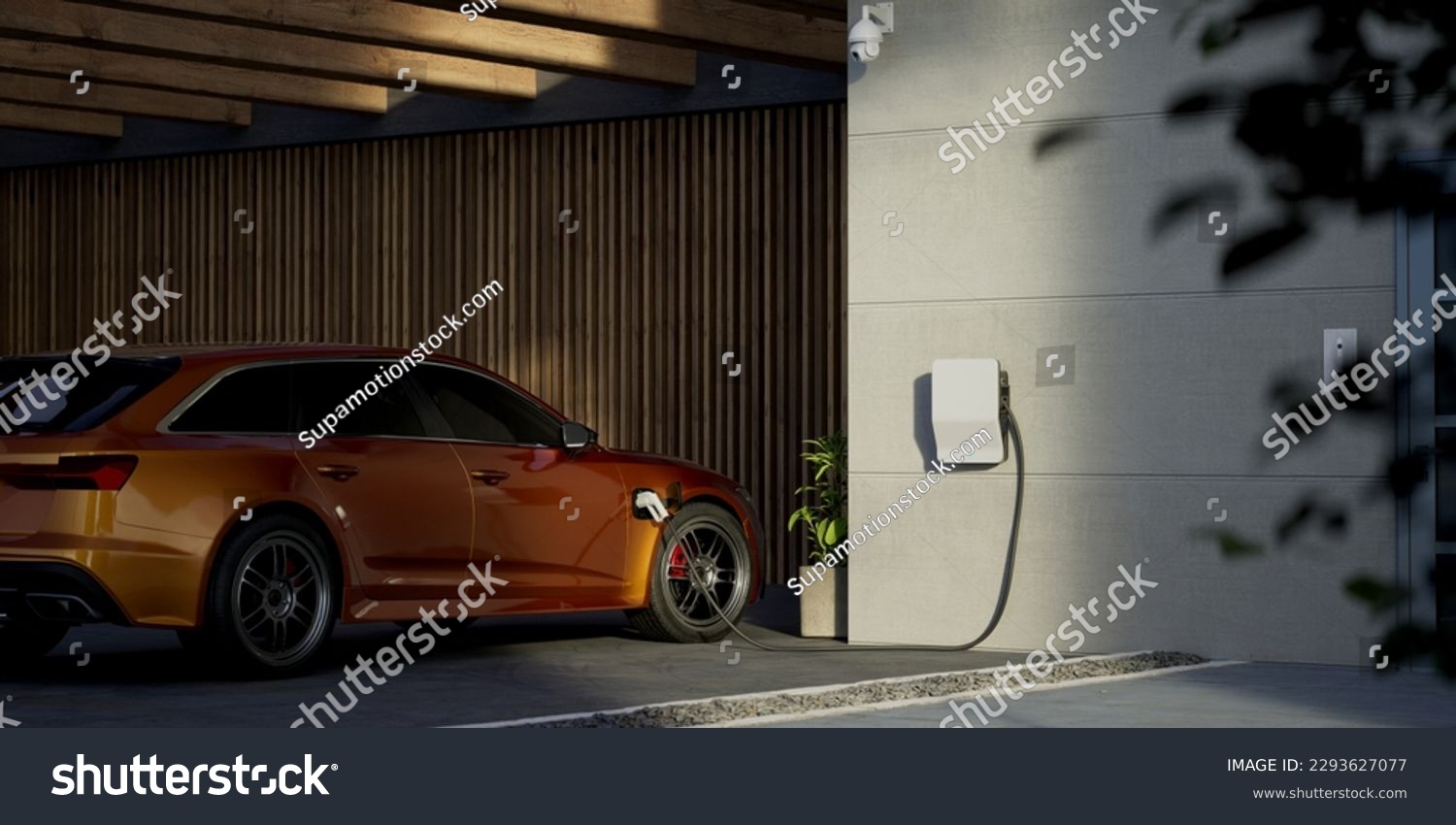 Generic electric vehicle EV hybrid car is being charged from a wallbox on a contemporary modern residential building house #2293627077