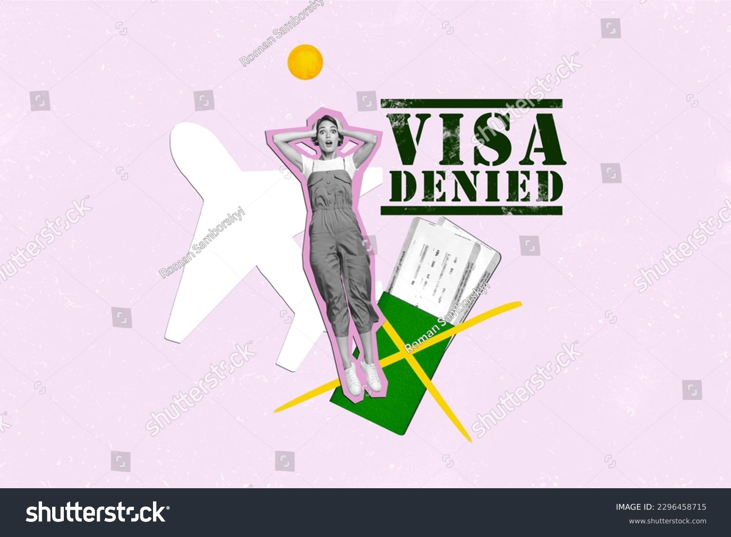 Photo collage artwork minimal picture of shocked unhappy lady getting visa denial isolated pink color background #2296458715