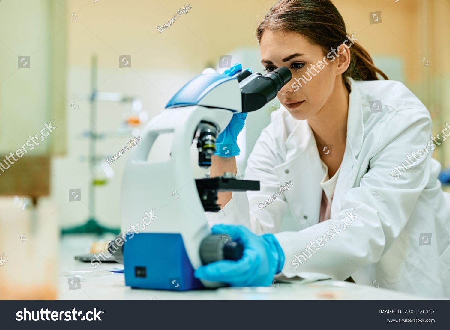 Young science student looking through microscope during her research in laboratory. #2301126157