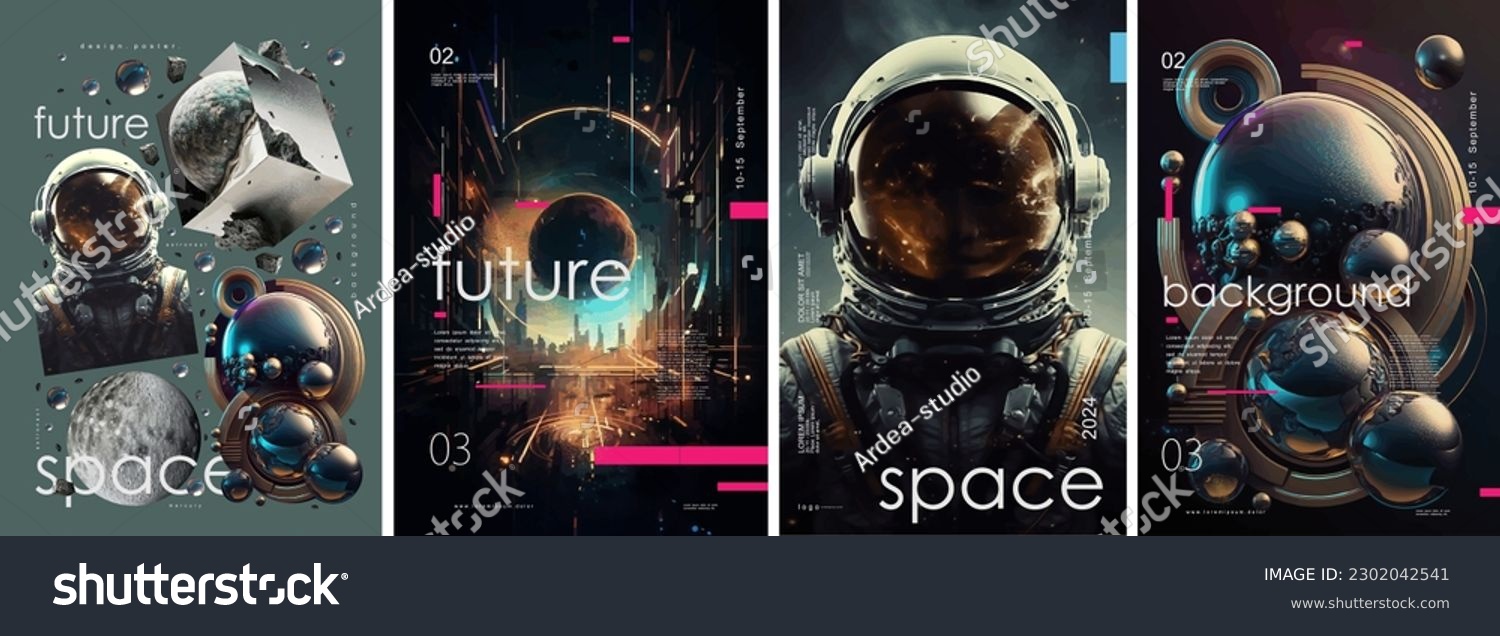 Space, future and abstraction. Vector 3d illustration of space objects, astronaut, round shapes of metal and mercury, fantasy city for poster, background or cover #2302042541
