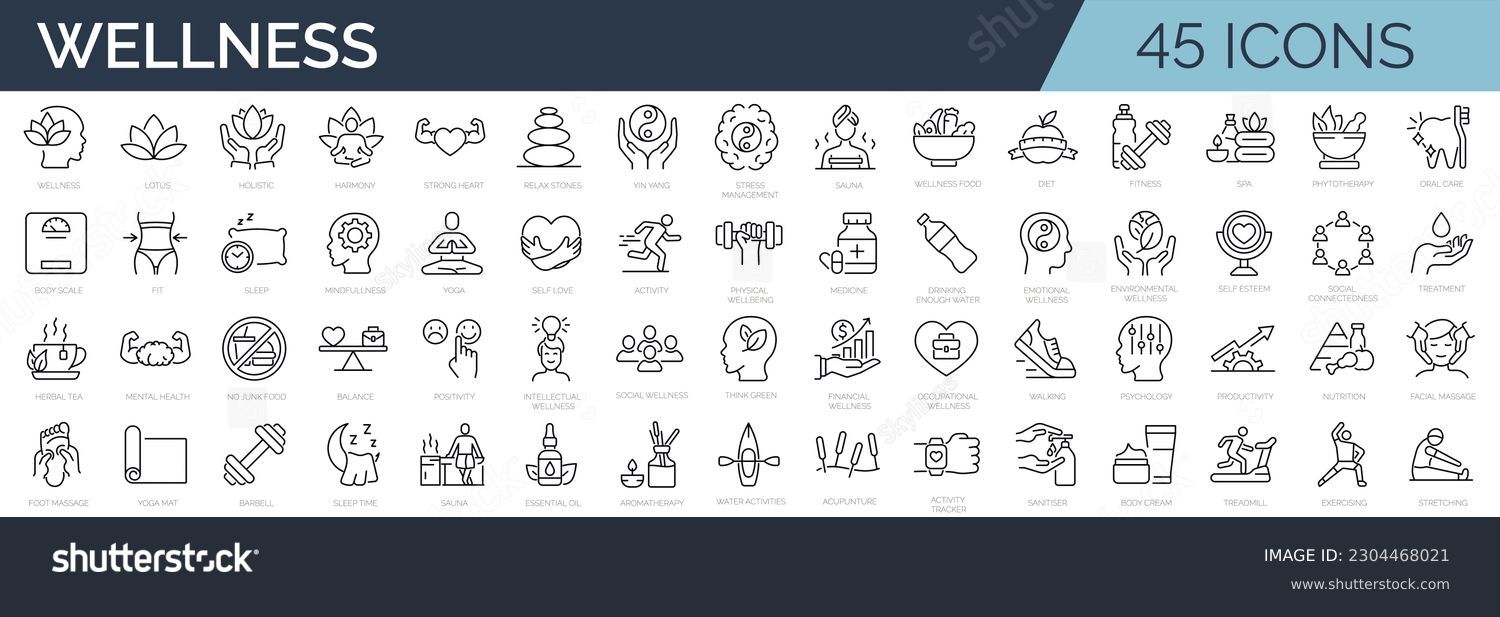 Set of 45 line icons related to wellness, wellbeing, mental health, healthcare, cosmetics, spa, medical. Outline icon collection. Editable stroke. Vector illustration #2304468021