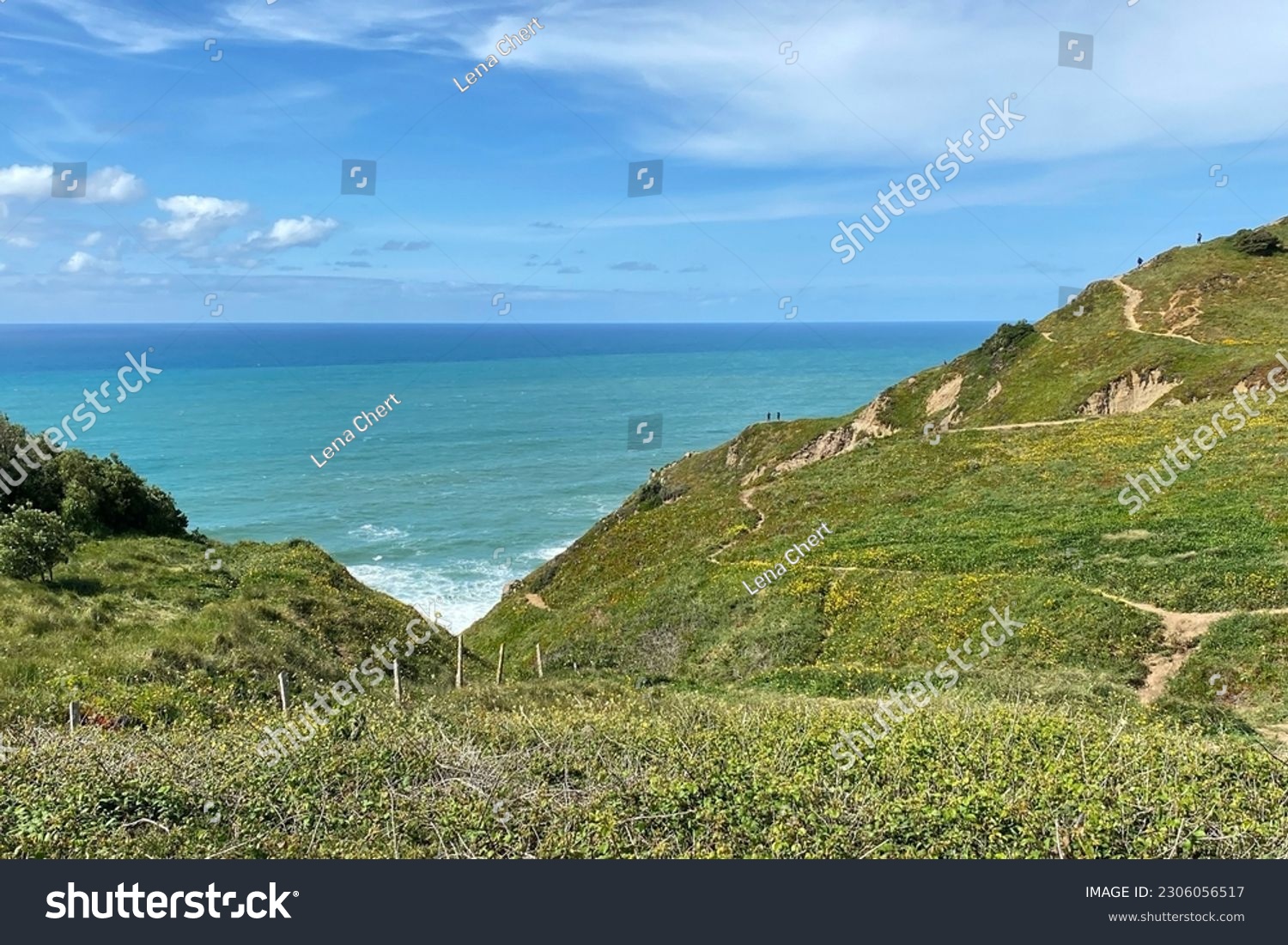 Panorama of the ocean coast and rock bay, Atlantic Ocean, beautiful cloudscape, dramatic landscape, colorful seascape with sheer rocks, travel content, Lisbon, Portugal #2306056517