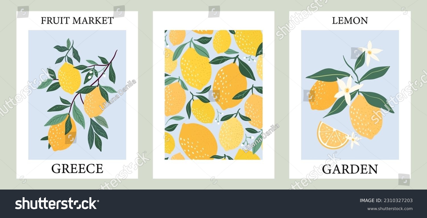Abstract contemporary posters with lemons fruits design, aesthetic minimalist backgrounds set, modern trendy wall decoration
 #2310327203