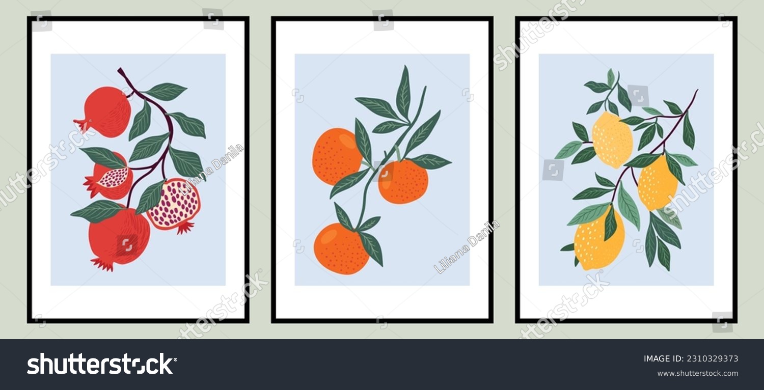 Abstract contemporary posters with different fruits, lemons, pomegranate, orange, summer design, aesthetic minimalist backgrounds set, modern trendy wall decoration #2310329373