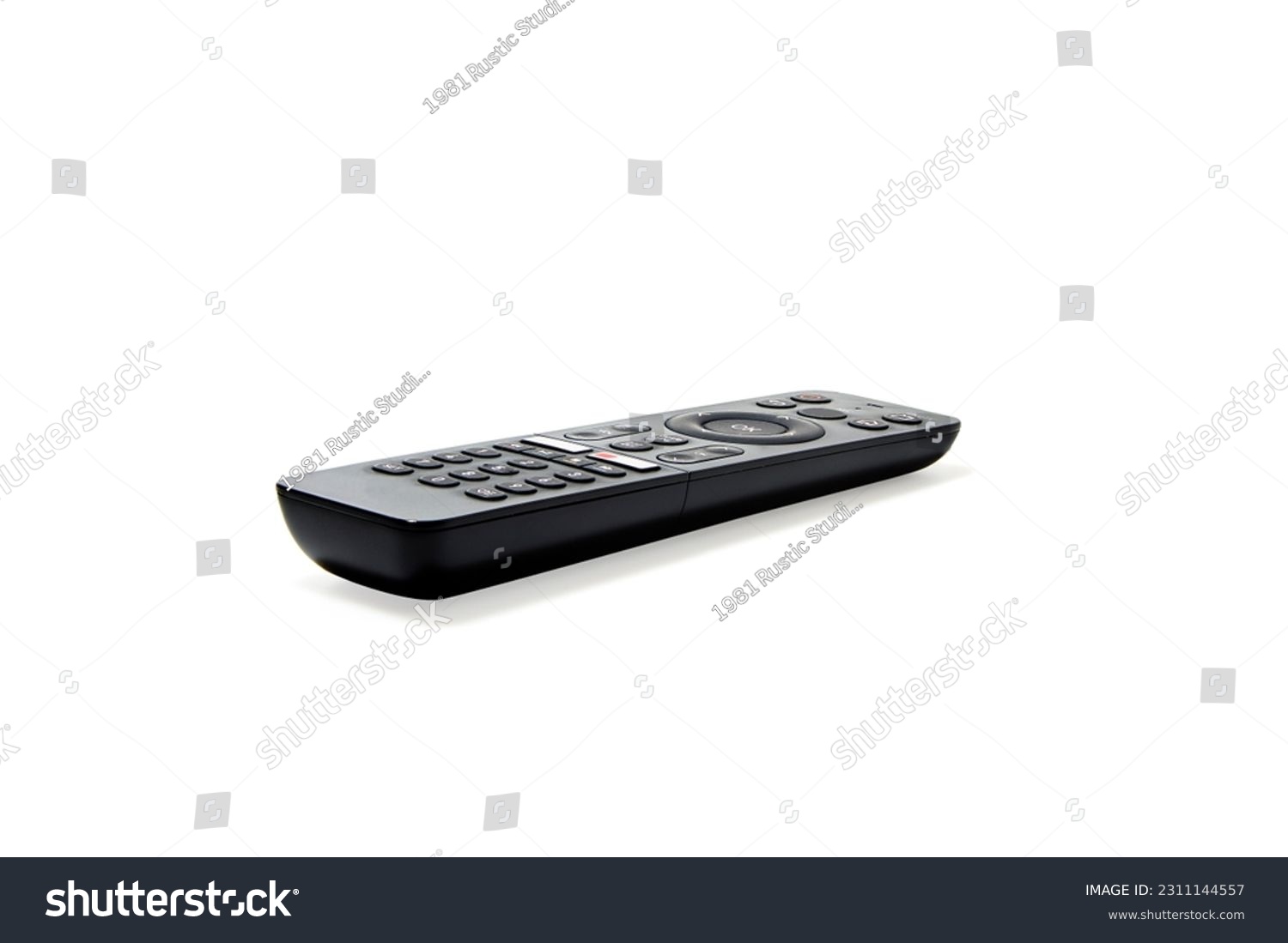 Perspective view of television and audio remote control isolated on white background #2311144557