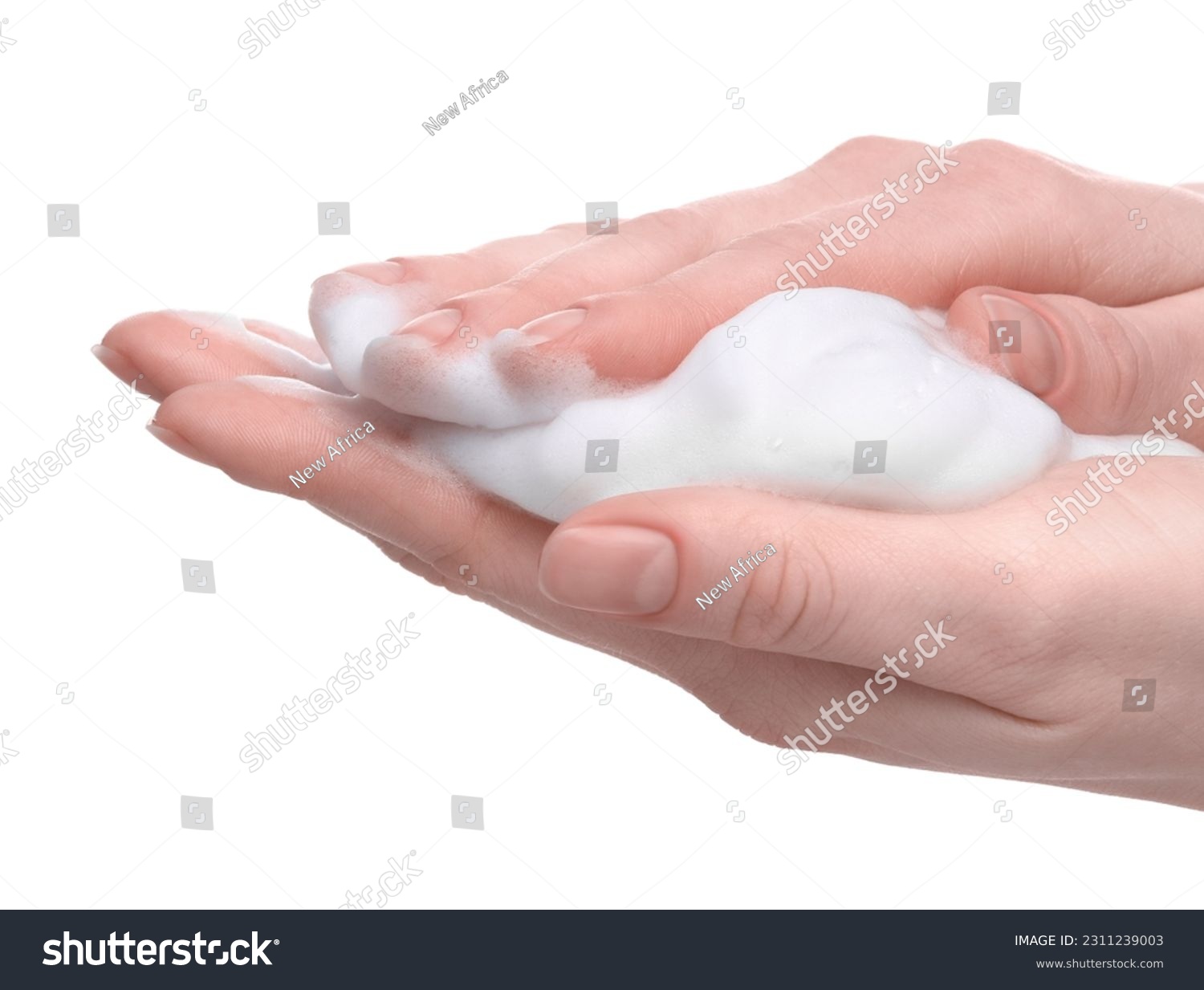 Woman with bath foam on white background, closeup #2311239003