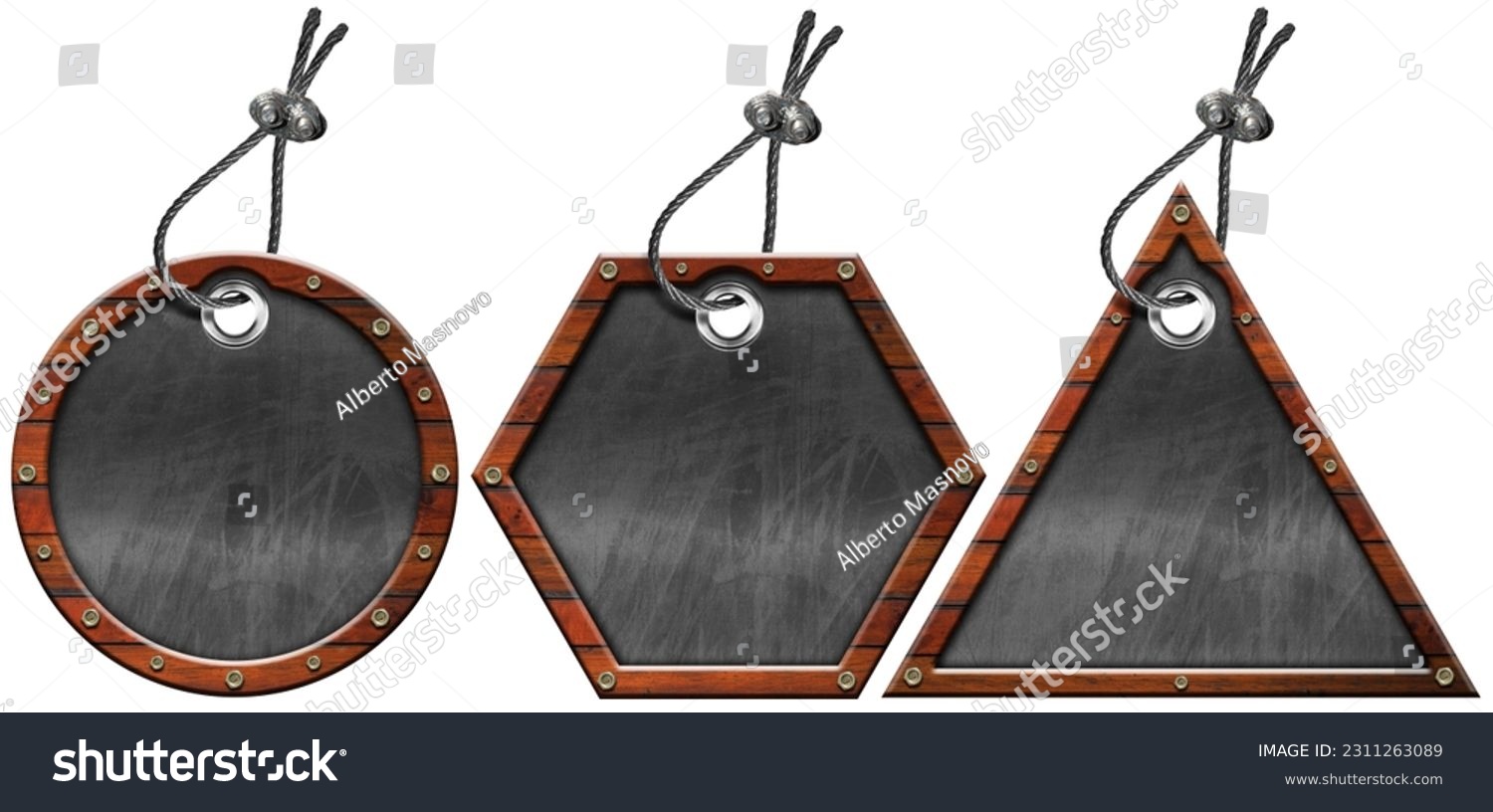 Collection of labels with wooden frame (circle, triangle and hexagon shape), blank blackboard with copy space and steel cable for hanging. Isolated on white background. 3D illustration and photography #2311263089