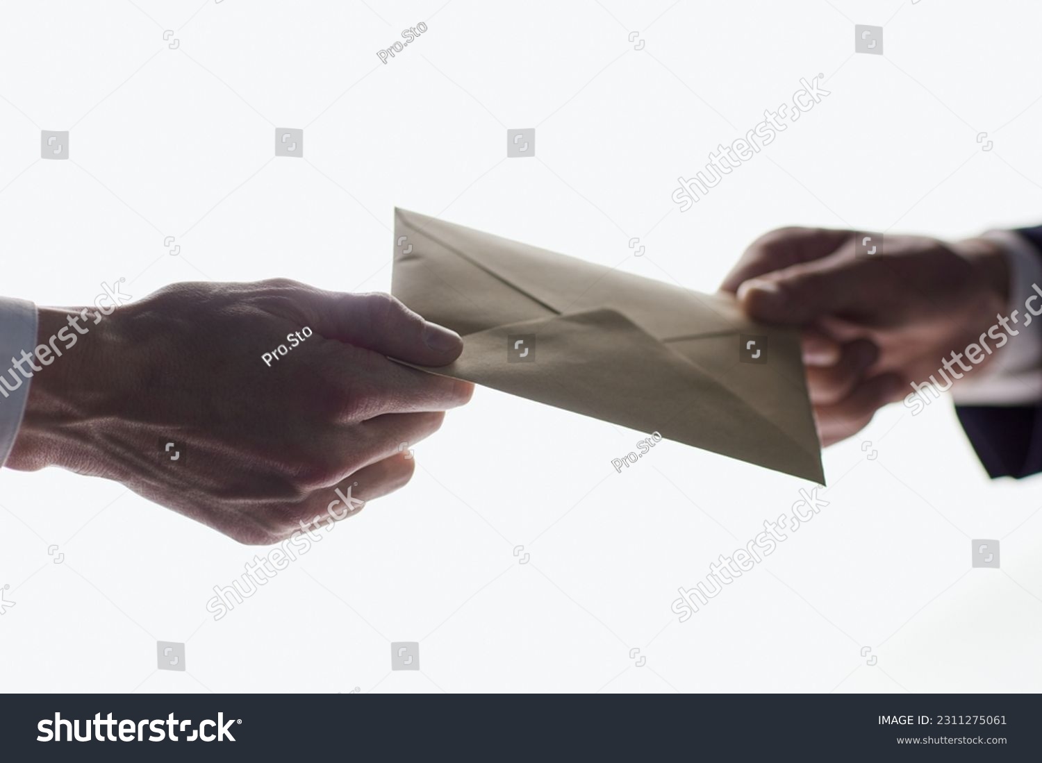 businessman receives salary and cash bonus from leader manager on white background #2311275061
